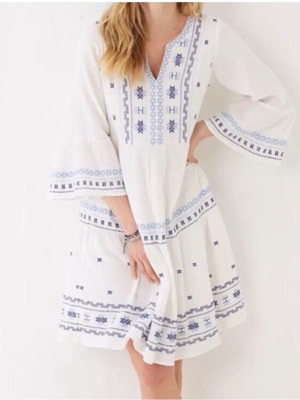 Fat Face Embroidered White and Blue Cotton Libby Dress Size 12 EUC
